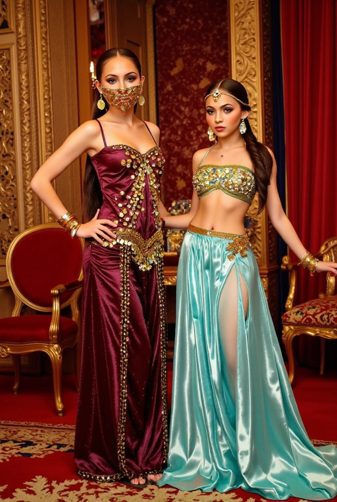 there are two people dressed in costumes standing next to each other, tom bagshaw and sabbas apterus, still from a music video, she is dressed as a belly dancer, group of people in an elevator, 7 0 s visuals, fantastic details full faces, still frame from a movie, medieval peasants, fashion week backstage, by Andrei Kolkoutine, boho, preraphaelite