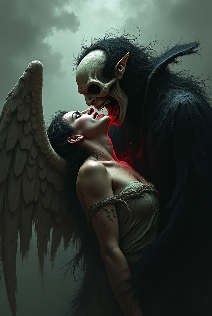 Woman turned around with thong panties. A demon hugging her on the left, and a male angel hugging her on the right. The woman is white with long straight black hair..