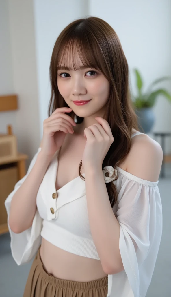 ulzzang-6500-v1.1,  (RAW photo:1.2), (Photoreal), beautiful detailed girl, (See-through:1.3), (genuine: 1.4), very detailed目と顔, beautiful and fine eyes, elegant long dress、(very affectionate smile:1.2)、huge file size, High resolution, very detailed, highest quality, [masterpiece:1.6], enlightenment, very detailed, nffsw, finely, highest quality, 8k wallpaper, movie lighting, 1 girl, 17 years old, perfect body shape, Cute droopy eyes、beautiful big eyes、Pieck finger, ((muste piece)), highest quality, 1 girl, eye shadow, Upper body, portrait, ((full body shot:1.2))、