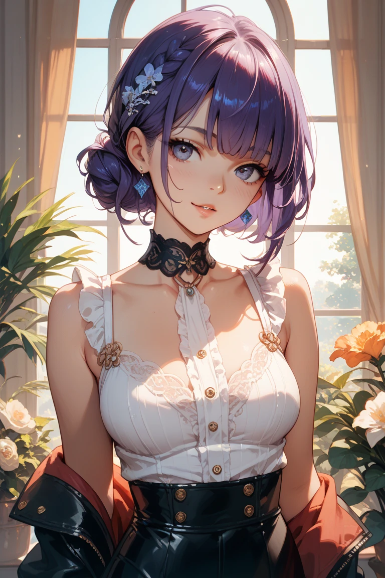 (extremely delicate and beautiful:1.2), 8k,(masterpiece:1.0),(best_quality:1.0) ,1girl, solo, mature woman, huge breast, complex details, enlarged textures, complex details, finely detailed eyes and detailed face, intricate details, (cleavage), modern clothes, (closed mouth), perfect eyes purple, equal eyes, eyelashes, earrings, chocker, jewelry, short hair black and purple