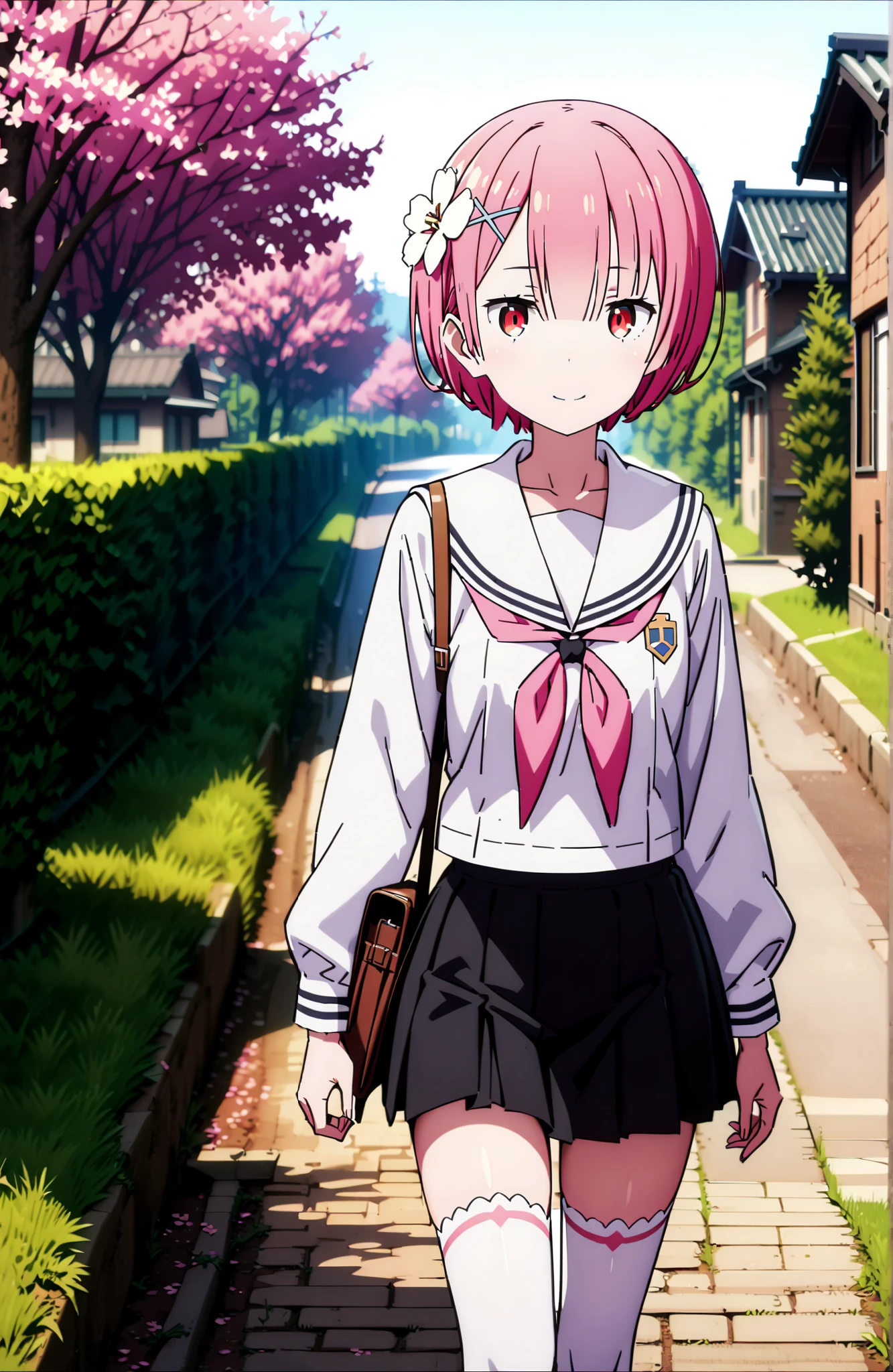 Ram, hair flower, Hair Ornament, hair on one eye, pink hair, Red Eyes, short hair, x Hair Ornament,smile,blush,close your mouth,white sailor suit,long sleeve, black mini pleated skirt ,white thigh high socks,loafers,Student bag 1 :1,cherry blossoms,is walking,morning,full bodyがイラストに入るように,break looking at viewer,full body,
break outdoors, residential area,
break (masterpiece:1.2), best quality in bronze, high resolution, Unity 8Kの壁紙, ( illustration :0.8), (beautiful detailed eyes:1.6), highly detailed face, perfect lighting, highly detailed CG, (perfect hand, perfect anatomy),
