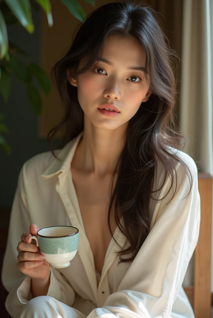 She transmits a calm that catches the eye — sitting with carefree elegance, like someone who is comfortable both in her own body and in her own silence. The loose hair frames your face lightly, while the look carries a mixture of sweetness and mystery. There is a subtle sensuality in the details: In the shirt that falls from the shoulder, in the way you hold the cup, and in the natural way in which she seems to belong to that moment. Everything about her says that the charm lies in the simplest gestures.