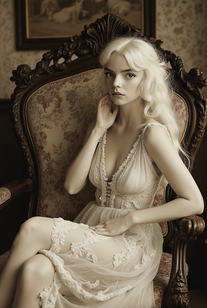seductive girl sits gracefully on carved wooden chair, she has long wavy white hair, sheer white embroidered dress with floral patterns, she looks at the viewer with a sensual gaze, sensual expression, she has a relaxed pose with her legs spread, one hand on the hip and the other raised to the face, natural light skin tone, detailed skin texture, realistic skin with vellus hair and small moles, Rococo style room interior, the room's decor includes patterned wallpaper and a framed painting on the wall, high quality, masterpiece, soft and dramatic lighting, elegant and classic vintage atmosphere, vintage photography, vintage sepia tone, professional photography, intricate details, add details