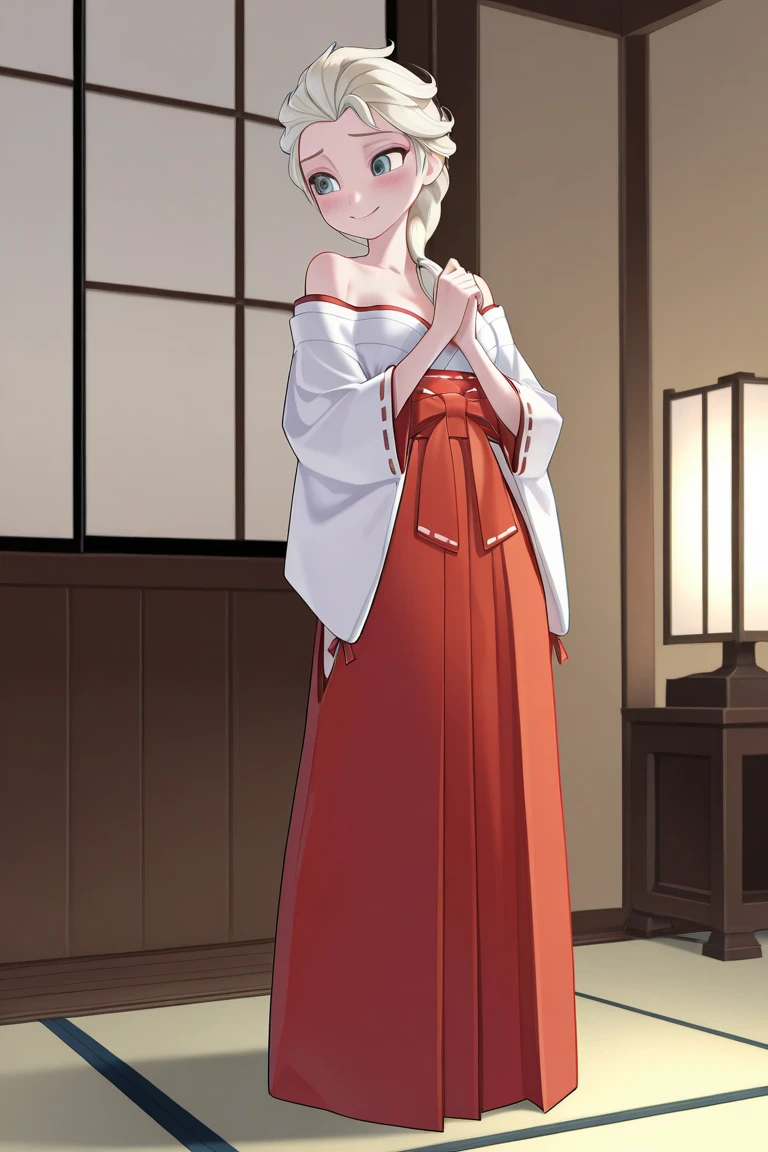 Create an image of Elsa from Frozen wearing a Hime-Miko costume in a traditional Japanese room while she smiles and blushes and her Hime-Miko costume is loose and you can see her semi-naked body, full body