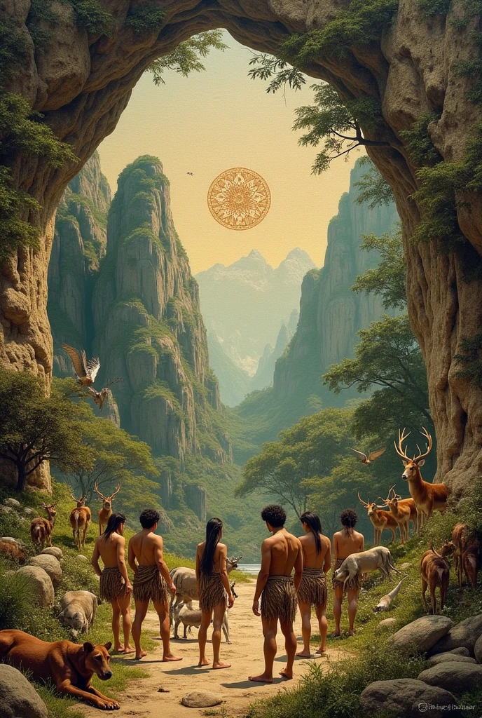 a collage from the cave era, as man related to nature and animals, and in the same collage a reference to Eden