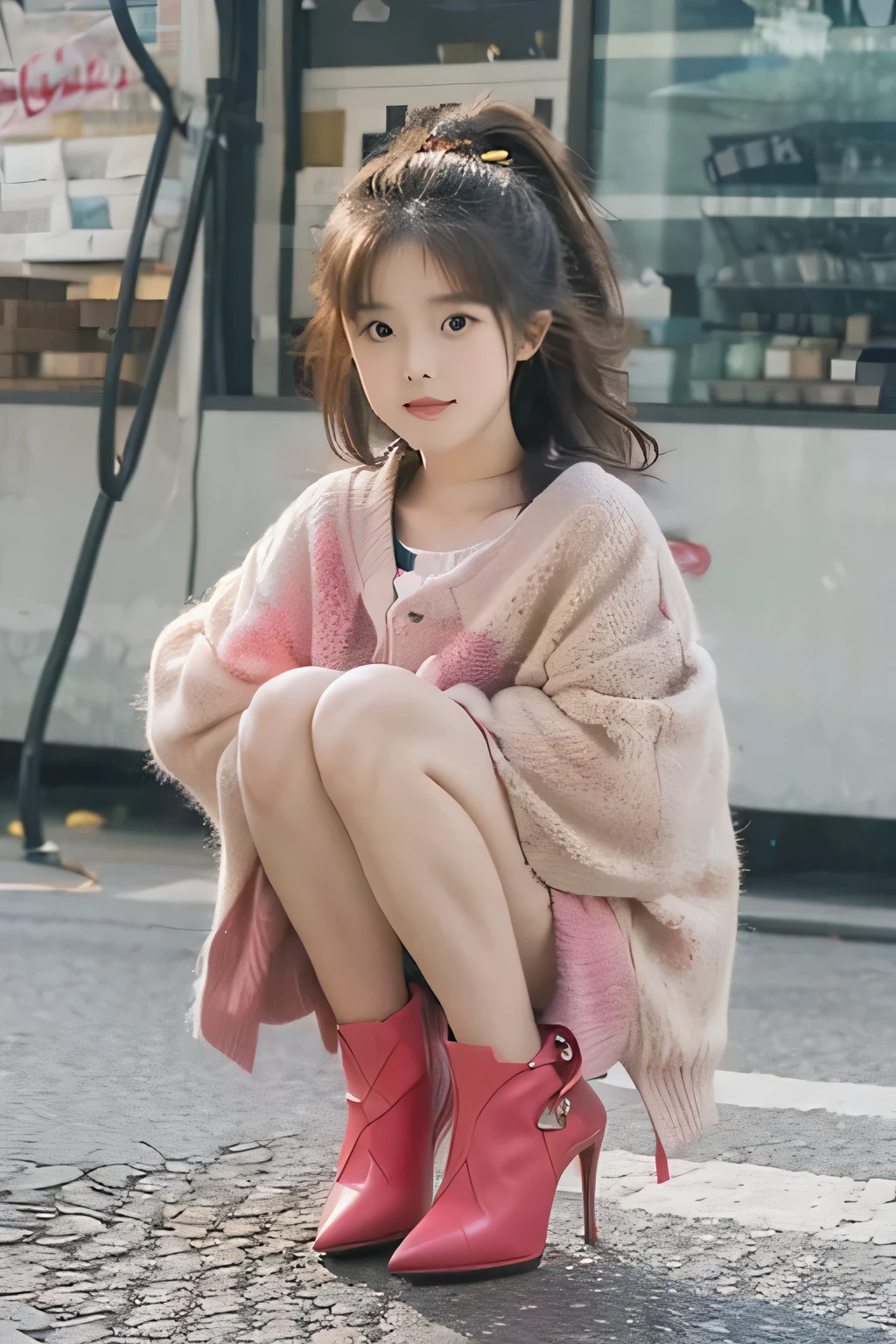 Eight-year-old girl,Wear pointy stiletto high-heeled booties,