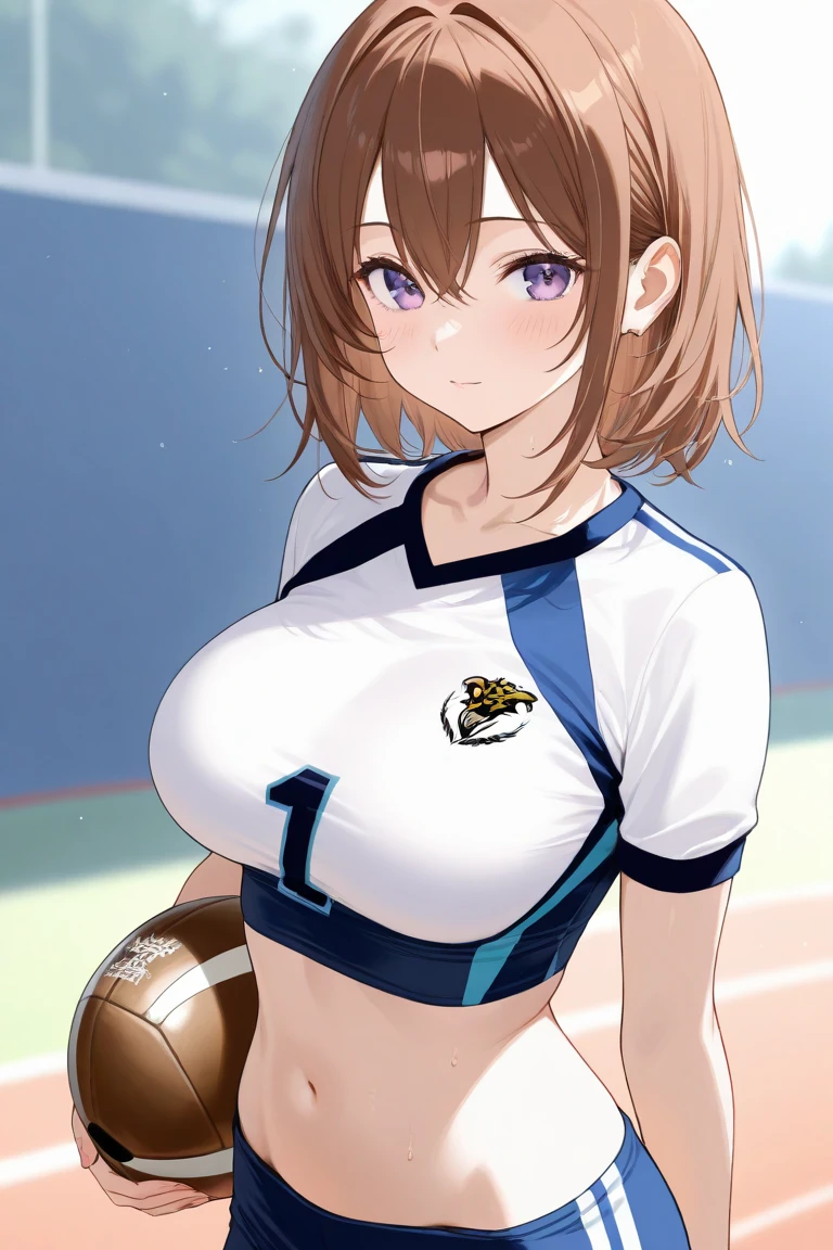 ((Gloria_Pokemon)), (masterpiece:1.2, Highest quality), Realistic, (live-action, Intricate details, Depth of written boundary), (One girl, alone), Very detailed, Gorgeous and perfect face, ((Huge breasts)), (Skin Dentition), Thick thighs, (Wide Hips), Average Waist, expensive, Collared shirt, White socks, Black shoes, White shorts, short hair, Partially fingerless gloves, Short shorts, Knee-high, Striped shirt, Printed shirt, vertical stripes, sexy, Blushing, (大人のlure者) Sensual, Curvy, Toned body, Lusty Gaze, Sexy woman, lure, Brown Hair, short hair, (Bobcut), ((Brown eyes)), Covered, ((whole body)), ((background: Football Stadium)), Stand Upright, Low - Angle, ((abdomen))