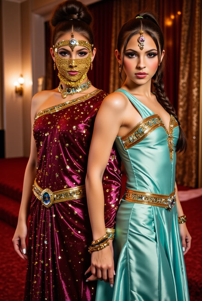 Castlevania Lord of the Shadows hyper realistic super detailed Dynamic shot masterpiece cinematic scene scenes movie Epic Princess legendary bright eyes face Islamic portrait Beautiful dress covers the whole body very detailed Moroccan caftan covers chest Wearing the Moon behind moroccan islamic environment architecture background wide angle, (((2 girls:1.5, girls standing))) Setting background: Basquiat graffiti wall background,Graffiti artist, urban walls, spray paint cans, bold colors, rebellious strokes, street gallery, artistic , night shadows, public expression, aerosol mastery, layered stencils, cultural messages, graffiti tags, creative risks, vibrant visuals, underground recognition, impactful designs, urban transformation. Art by Mschiffer (((Red lips)))(((wearing a Sexy belt design by LV))) bride very fit physique (38D breast:1.3) (((Wearing: diamond necklace and earrings))). RAW photo, full sharp, detailed face (high detailed skin:1.2), 8k uhd, dslr, soft lighting, high quality, film grain, Fujifilm XT3, (extremely beautiful face, sexy lips, beautiful red lips, Clear eyes, beautiful eyes), (big green eyes), pretty girl, face forward, intricate detail face, ((ultra detailed skin)) (skin texture, film grain), Detailed beautiful face, natural tpose, natural facial expression, (((Straight breasts))), Surreal full-body figure, Beautiful and delicate body and face, gorgeous figure, ssmile, Titillating，Surreal full-body figure，Beautiful and detailed body and face, Super vista, White skin of the, vivd colour,🔥8k, masterpiece, RAW photo, best quality, (18k detail:1.2), photorealistic, extremely, deep shadow, earrings, bracelets, necklace,