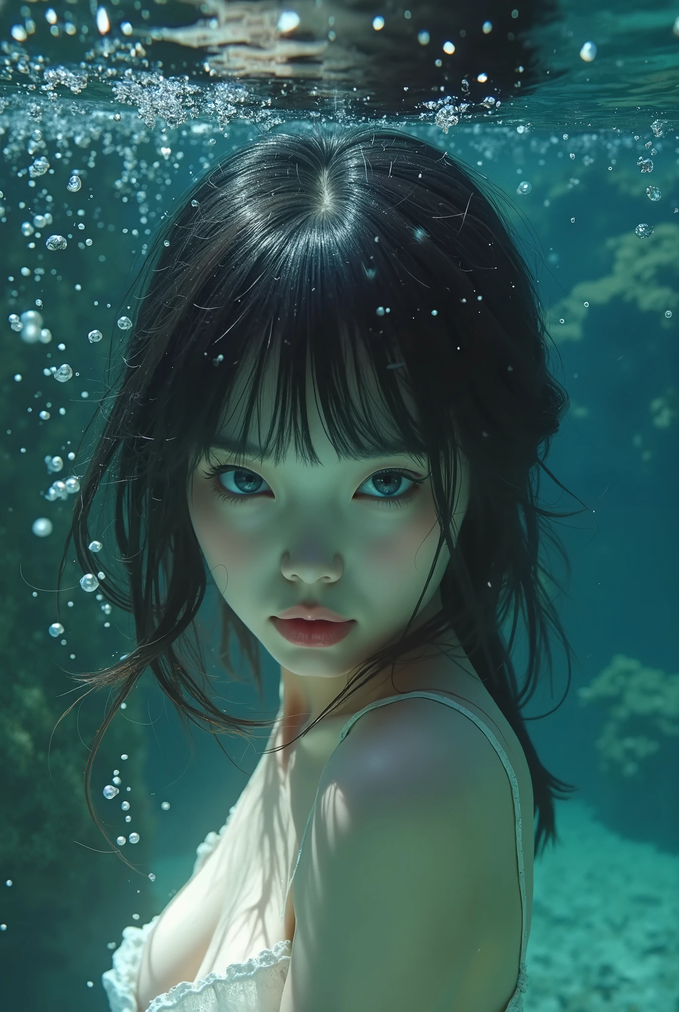 Black-haired girl whose face cannot be seen in the sea underwater drowning trying to get out