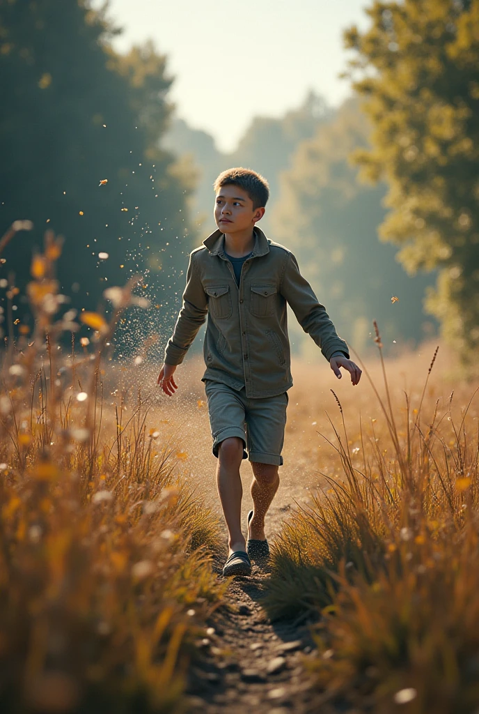 The 3D illustration shows an animated nine-year-old boy. He has fair skin and wavy hair. His eyes glow a warm brown, Showing curiosity and energy. The boy is dressed in a modern and technological outfit. He wears a light blue T-shirt, which highlights his laid-back and fun style. T-shirt selection, He wears navy blue pants, which provides comfort and freedom of movement. On his feet, He wears modern and durable boots, which are both stylish and practical for his adventure and technological backpack