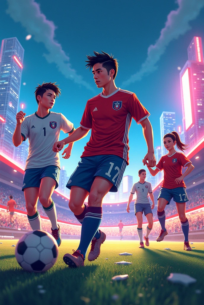 Create a Manhwa with 3 characters in a fictional soccer story 