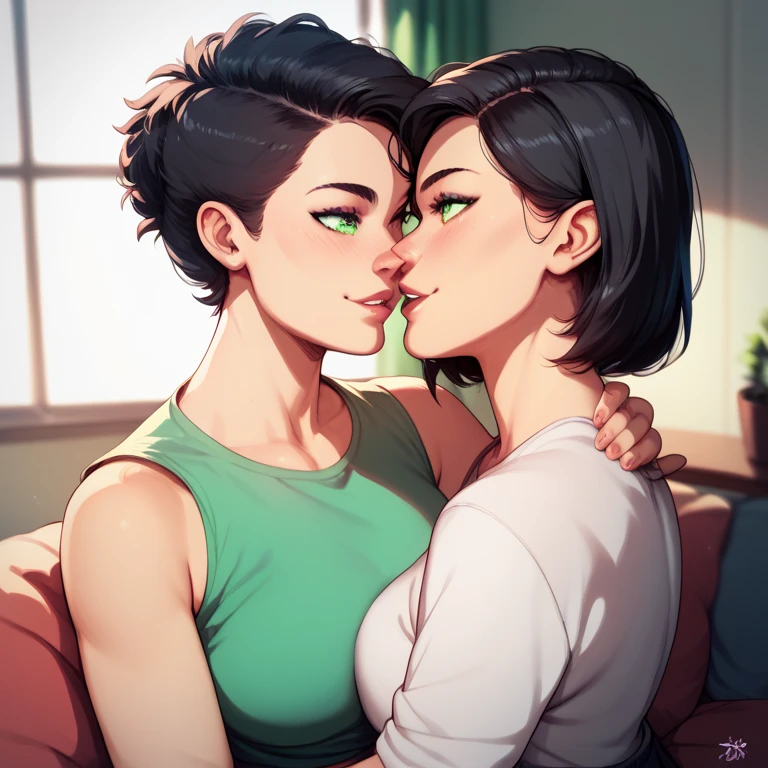 a short sexy woman wearing purple t shirt and black tracks, pinned against the wall, eyes closed, lips parted, blushing intensely, ready to kiss