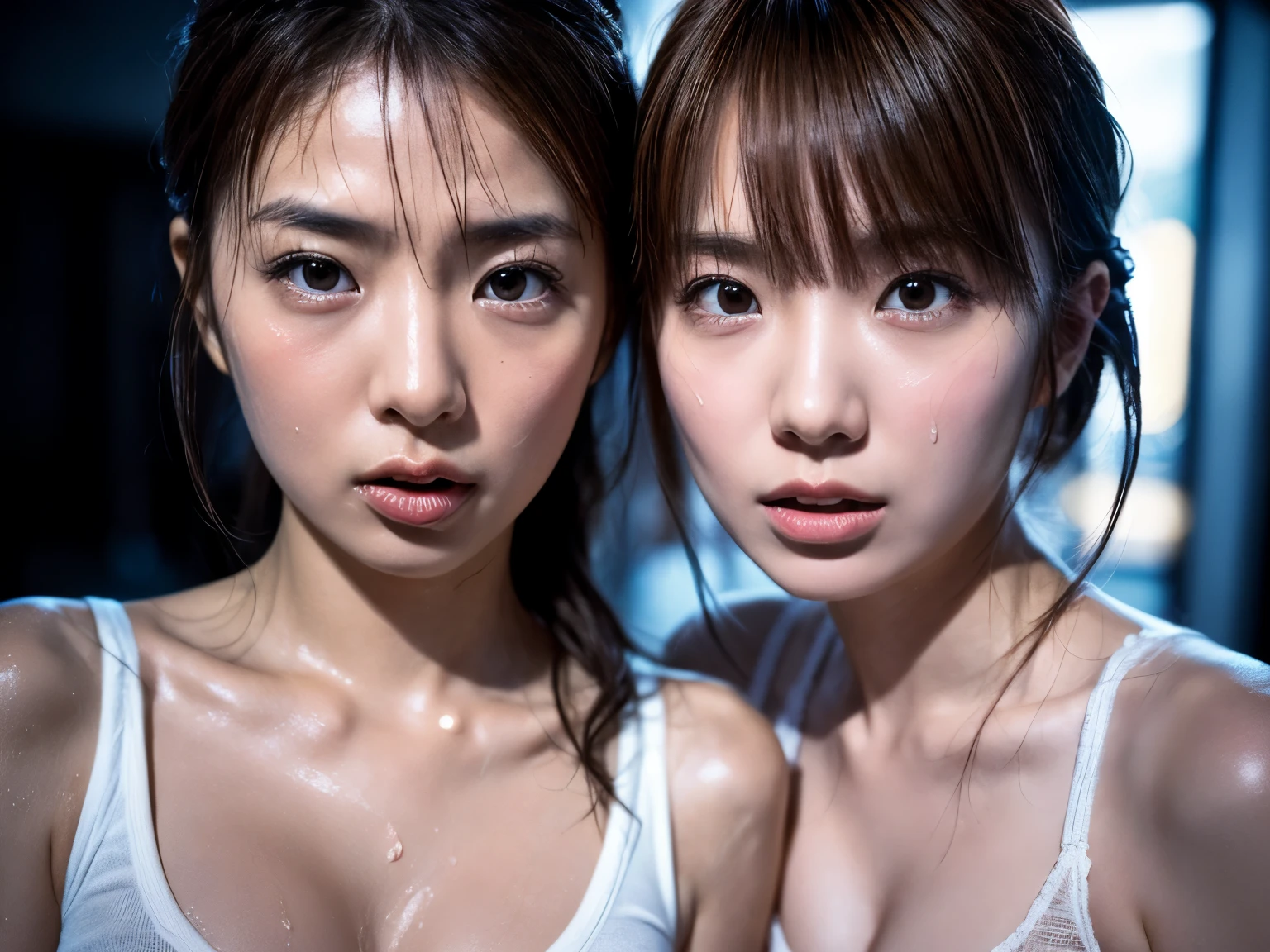 (8k, RAW photo, masterpiece:1.2), (photorealistic:1.37), Ultra High Resolution, Cinematic Rimlighting, dramatic shadow , Grainy Film Texture, Analog Film Style, Halide Silver Photo, monochrome background, in a professional photography studio , Young Identical Japanese Twin Sisters, wet skin in the city at night, close-up, Emotional Eroticism, Poetic Tension, Shared Breath, subtle tremor, Fine Pores and Texture of Skin, Mirror Image
... Tongue Glides Over Your Collarbone, Closeup of Sweaty Lips, Silver Grains Capturing Details of Hot Trembling Skin