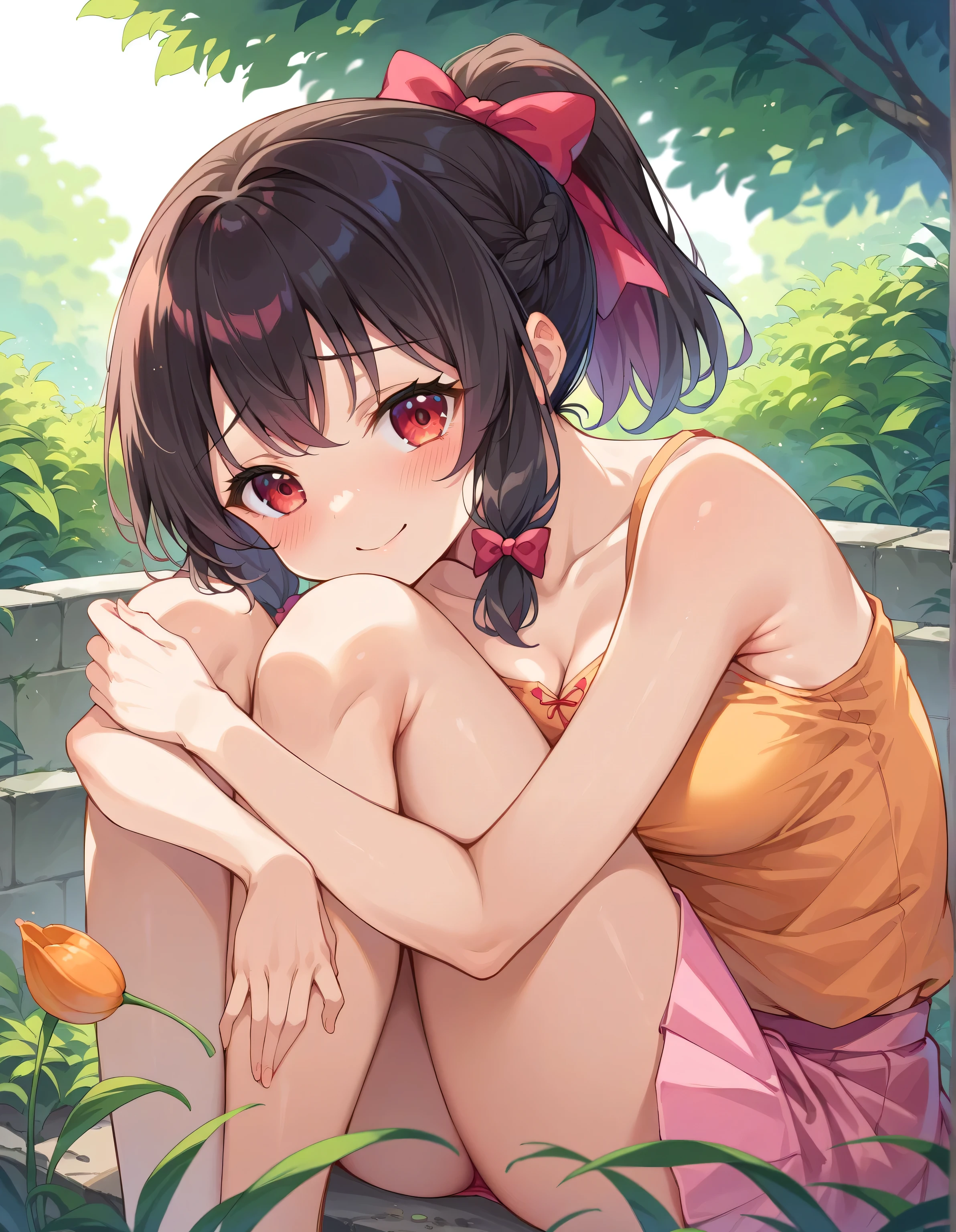 1girl, solo, gotchagirl, smile,
<lora:gotcha-girl-10:0.9> white t-shirt, black panties,
garden, flowers, sitting, cowboy shot,