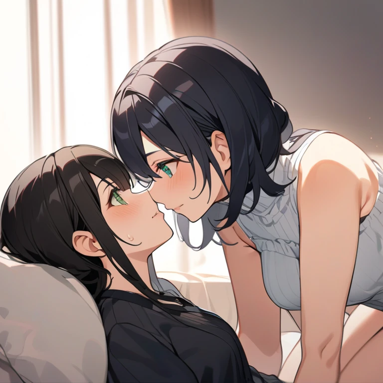 (masterpiece, Highest quality:1.2), {best quality}, {very aesthetic}, {ultra-detailed}, {best illustration}, nsfw,,One girl, bed, Bobcut, Bluish black hair,2person ,1girl, nipple, nsfw, 1man’s face, {{{man suck nipple, man lick nipple}}}, tongue touch nipple, orgasm, portrait, best quality, very aesthetic,