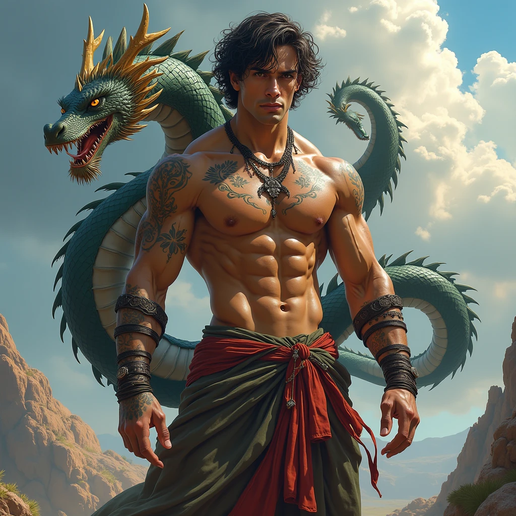 A muscular warrior stands confidently with a mythical random colored dragon curled around him. His expression is fierce and focused, with dark curly hair. He is adorned with intricate tattoos and decorative arm & neck jewelry. He wears loose, draped, random colored pants with a flowing fabric belt. The background features dramatic clouds and rugged terrain, evoking a sense of power and mysticism. The scene is well-lit with natural lighting, highlighting the details of both the man and the dragon, creating an epic and powerful atmosphere.