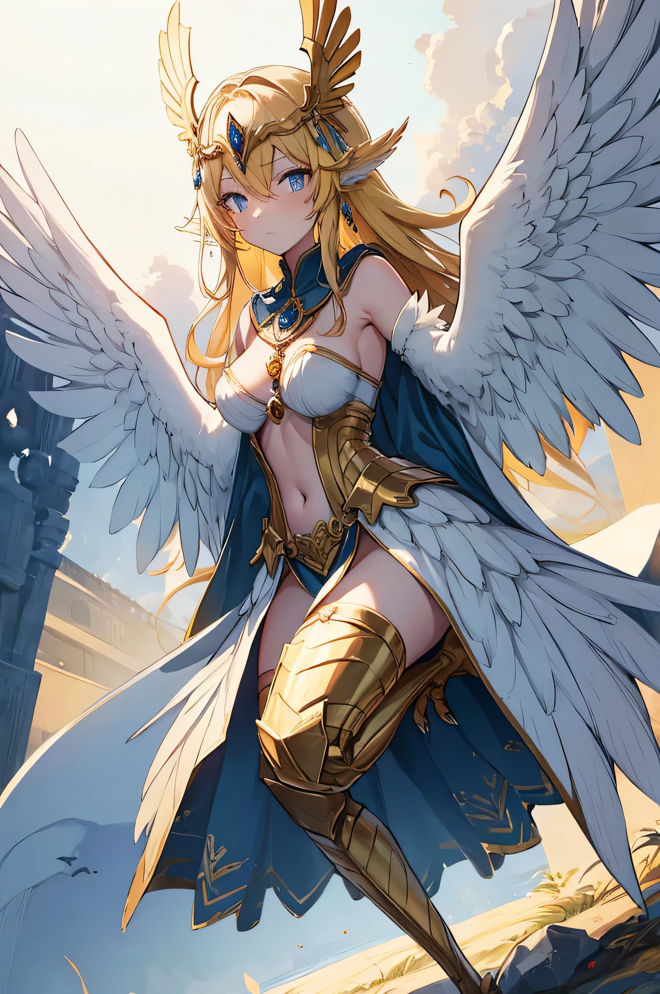 4k,High resolution,One Woman,harpy,White green hair,Short Ponytail,Braid,Blue Eyes,White Wings,Golden toenails,Big Breasts,knight,White knight armor,Heavy Armor,Full Armor,Sleeveless,knight helmet,Jewelry decoration,Short Sword,Medieval castle