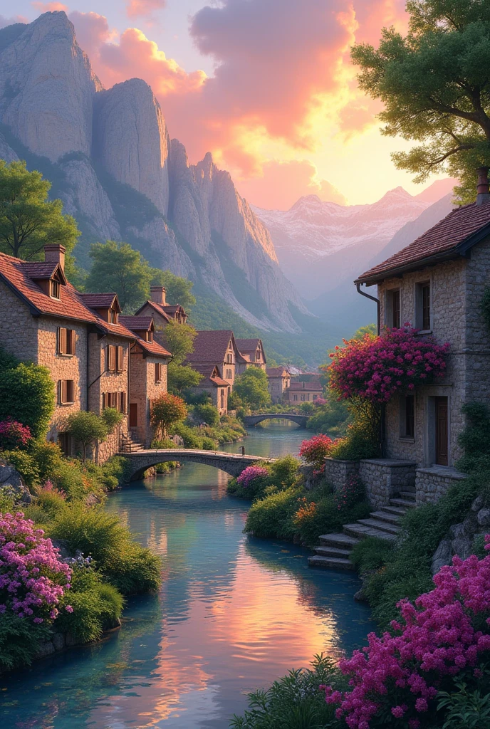 A small riverside village, mountains in the background, colorful flowers, detailed landscape style, beautiful natural scenery, atmospheric lighting,  scorching sunset ,  warm colors, practical, photographic, detailed foliage, complex buildings , cobblestone street, charming country house, vibrant colors, lush vegetation, reflections in the water, pitoresco, idyllic, work of art, Best Quality, 8k, extremely detailed, anime style