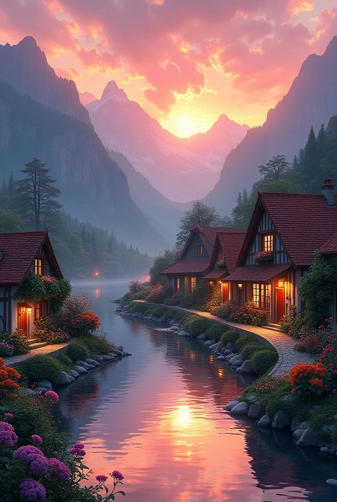 A small riverside village, mountains in the background, colorful flowers, detailed landscape style, beautiful natural scenery, atmospheric lighting,  scorching sunset ,  warm colors, practical, photographic, detailed foliage, complex buildings , cobblestone street, charming country house, vibrant colors, lush vegetation, reflections in the water, pitoresco, idyllic, work of art, Best Quality, 8k, extremely detailed, anime style
