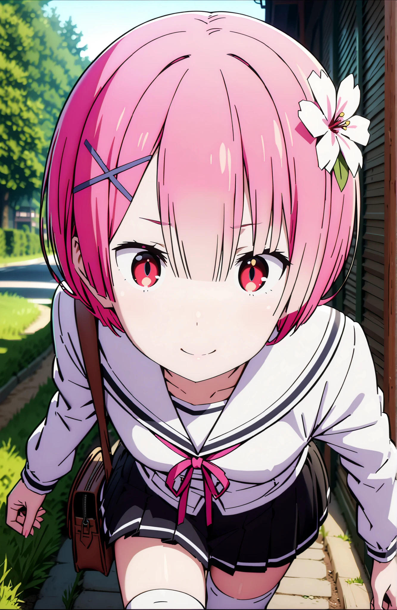 Ram, hair flower, Hair Ornament, blunt hair, pink hair, Red Eyes, short hair, x Hair Ornament,smile,blush,close your mouth,white sailor suit,long sleeve, black mini pleated skirt ,white thigh high socks,loafers,Student bag 1 :1,cherry blossoms,is walking,morning,full bodyがイラストに入るように,break looking at viewer,full body,
break outdoors, residential area,
break (masterpiece:1.2), best quality in bronze, high resolution, Unity 8Kの壁紙, ( illustration :0.8), (beautiful detailed eyes:1.6), highly detailed face, perfect lighting, highly detailed CG, (perfect hand, perfect anatomy),