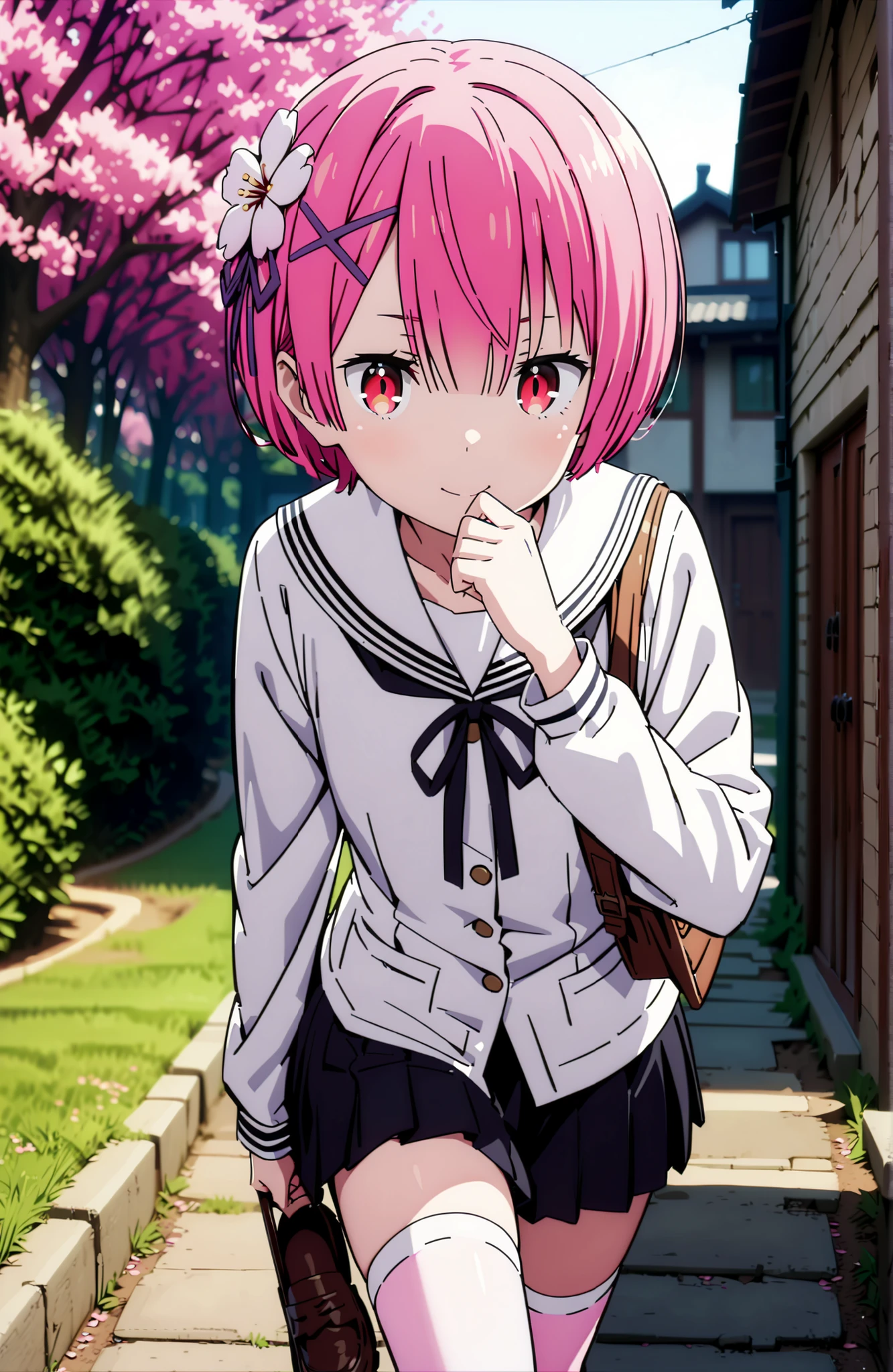 Ram, hair flower, Hair Ornament, blunt hair, pink hair, Red Eyes, short hair, x Hair Ornament,smile,blush,close your mouth,white sailor suit,long sleeve, black mini pleated skirt ,white thigh high socks,loafers,Student bag 1 :1,cherry blossoms,is walking,morning,full bodyがイラストに入るように,break looking at viewer,full body,
break outdoors, residential area,
break (masterpiece:1.2), best quality in bronze, high resolution, Unity 8Kの壁紙, ( illustration :0.8), (beautiful detailed eyes:1.6), highly detailed face, perfect lighting, highly detailed CG, (perfect hand, perfect anatomy),