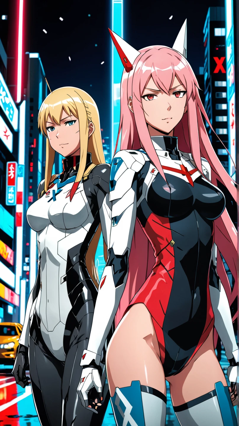 Chicas anime en catsuits posando en una ciudad por la noche., oppai ciberpunk, anime ciberpunk art, anime ciberpunk, arte del anime ciberpunk, digital arte del anime ciberpunk, ciberpunk digital - arte anime, anime ciberpunk moderno, anime ciberpunk digital!!, mejor fondo de pantalla de anime 4k konachan, chica anime cyberpunk femenina, en la ciudad ciberpunk, tendencia en cgstation, mujeres ciberpunk
