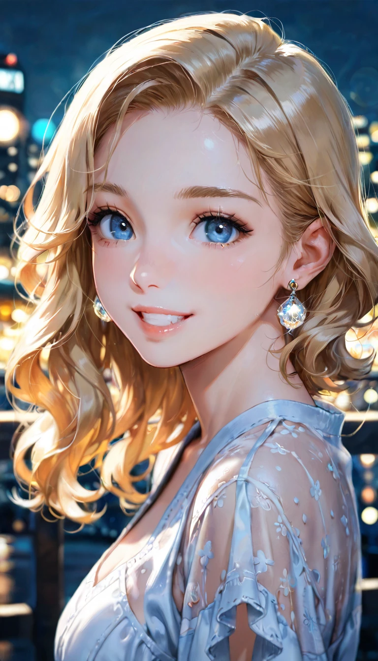 1girl, wavy blonde hair, blurry, blurry background, blurry foreground, bokeh, pale blue eyes, long hair, city lights, depth of field, earrings, jewelry, lights, lips, looking at viewer, night, outdoors, short hair, solo, upper body, smile, teeth 
