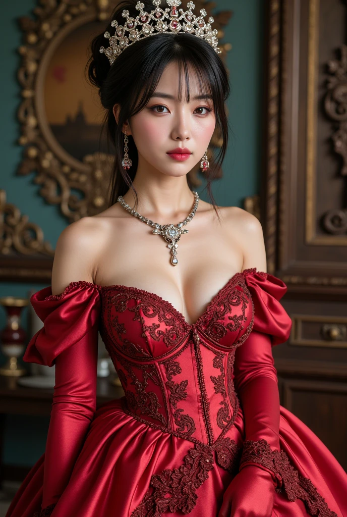 Beautiful Chinese woman, dressed in silk highly detailed European shiny smooth ballgown with corset, large breasts, cleavage, royal, tiara, amazing makeup, amazing detail, silk opera gloves, dyed colourful hair, alternative emo goth girl