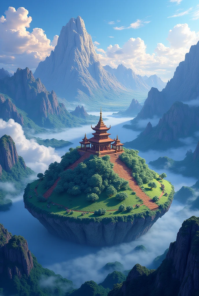 Half-moon shaped island with mountains and small temples scattered on mountainous hills,colors blue gold light blue silver purple, gothic anime stripe