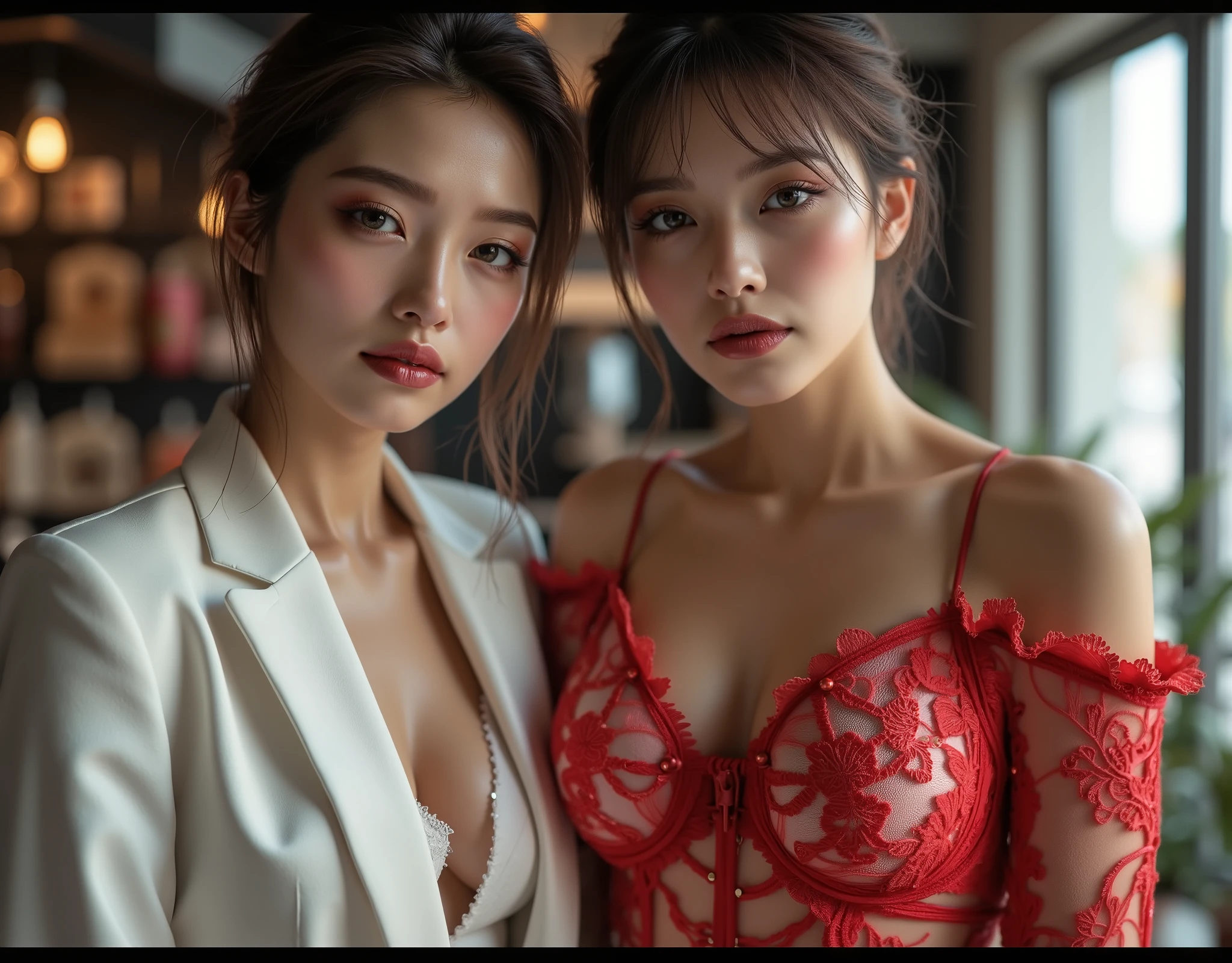 1 female, Updo, (Ultra Realistic, High resolution), (Highly detailed eyes, Highly detailed hair, Highly detailed face, Highly detailed plump lips), (off shoulder with open chest), chest, Upper Body, Looking for a Smile, (Highest quality:1.4), RAW Photos, (Realistic, photo-Realistic:1.37), Professional photography, Cinematic Light, (Beautiful Face: 1.2),(((red lace bra 1.5)))、High Leg、Mid shot photo 1.4、(((小さいchest1.5)))、(Slender body type 1.2)、Bedroom、Place your right hand over your mouth、