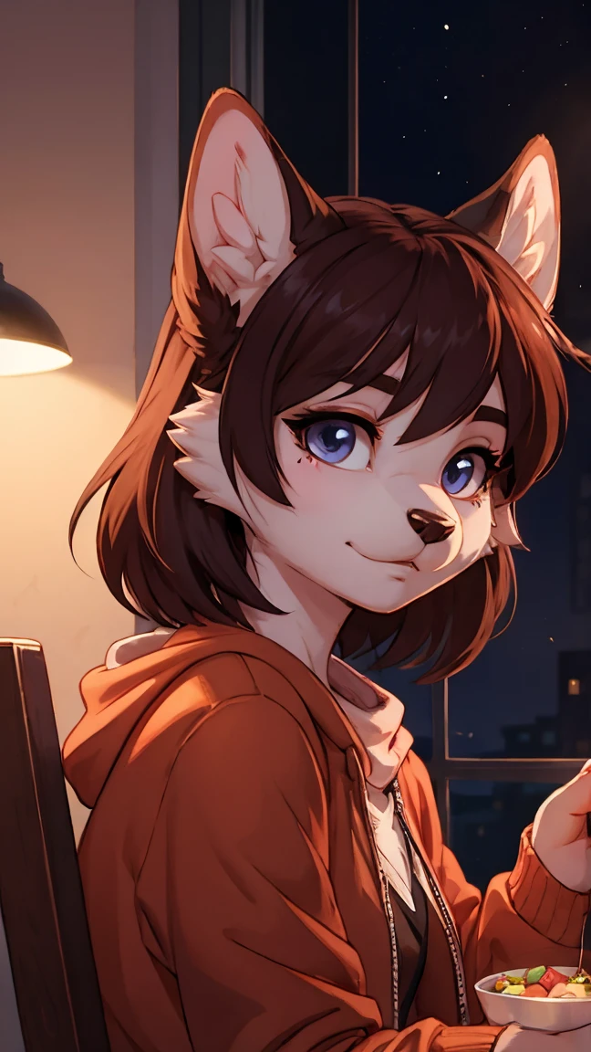 best quality,best resolution,(fluffy anthro furry :1.6),(young :1.6),cat girl,(dark brown hair :1.6),long hair,wavy hair,yellow eyes,glistering eyes,sparkle eyes,ultra detailed eyes,(light brown fur :1.6),naked,glasses,floral hair ornaments,floral bracelets,beautiful rooftop,building,night,(black sky)moonlight,sparkle stars sky,romantic light,full face blush,looking at viewer,heart expression eyes,heart eyes,happy face,smile,