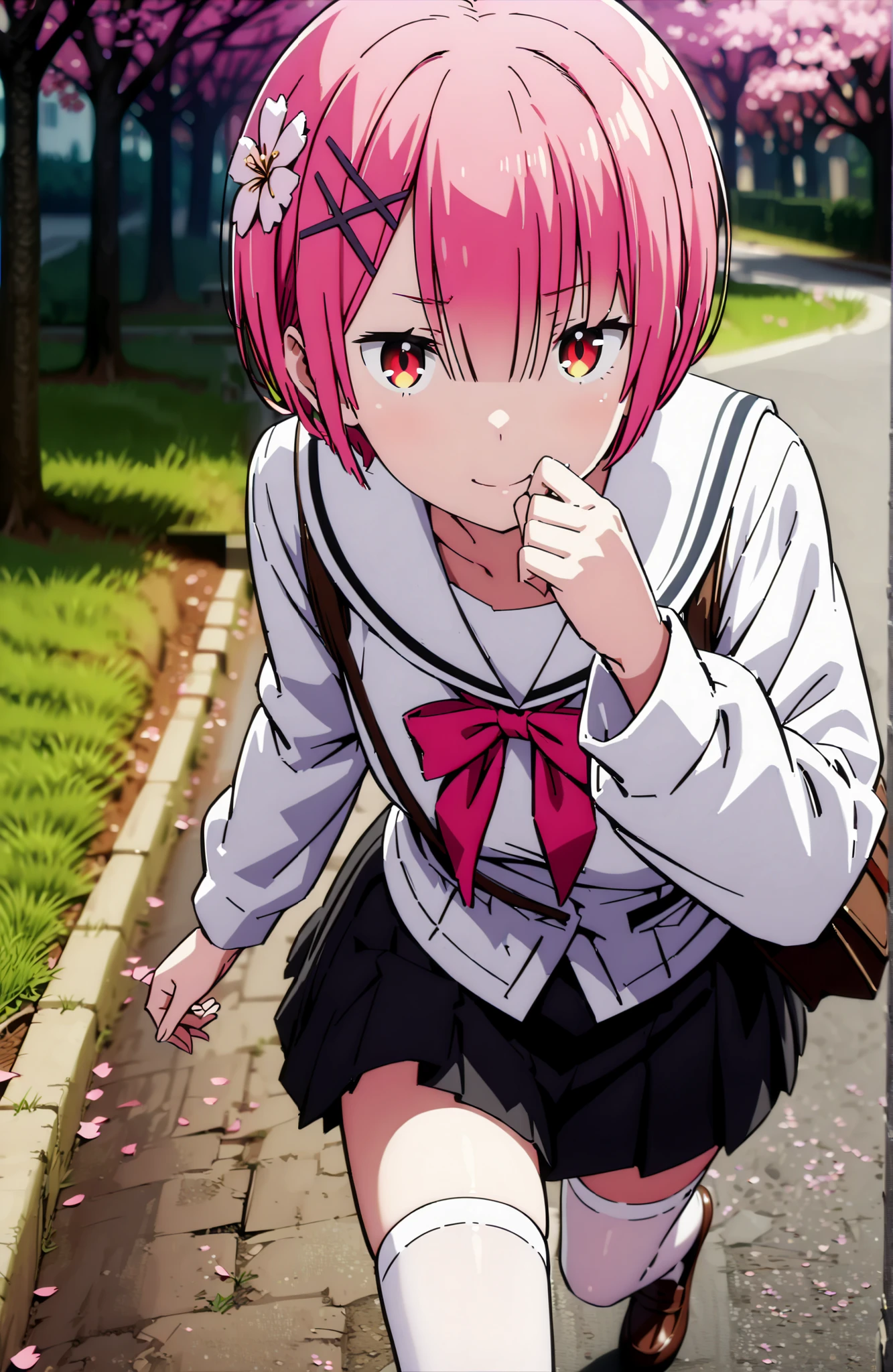Ram, hair flower, Hair Ornament, hair on one eye, pink hair, Red Eyes, short hair, x Hair Ornament,smile,blush,close your mouth,white sailor suit,long sleeve, black mini pleated skirt ,white thigh high socks,loafers,Student bag 1 :1,cherry blossoms,is walking,morning,full bodyがイラストに入るように,break looking at viewer,full body,
break outdoors, residential area,
break (masterpiece:1.2), best quality in bronze, high resolution, Unity 8Kの壁紙, ( illustration :0.8), (beautiful detailed eyes:1.6), highly detailed face, perfect lighting, highly detailed CG, (perfect hand, perfect anatomy),