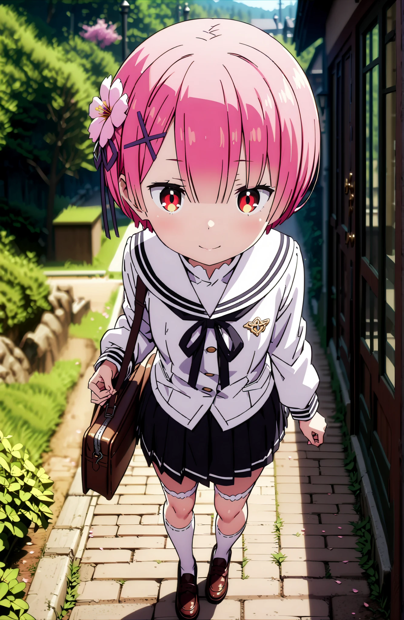 Ram, hair flower, Hair Ornament, hair on one eye, pink hair, Red Eyes, short hair, x Hair Ornament,smile,blush,close your mouth,white sailor suit,long sleeve, black mini pleated skirt ,white thigh high socks,loafers,Student bag 1 :1,cherry blossoms,is walking,morning,full bodyがイラストに入るように,break looking at viewer,full body,
break outdoors, residential area,
break (masterpiece:1.2), best quality in bronze, high resolution, Unity 8Kの壁紙, ( illustration :0.8), (beautiful detailed eyes:1.6), highly detailed face, perfect lighting, highly detailed CG, (perfect hand, perfect anatomy),