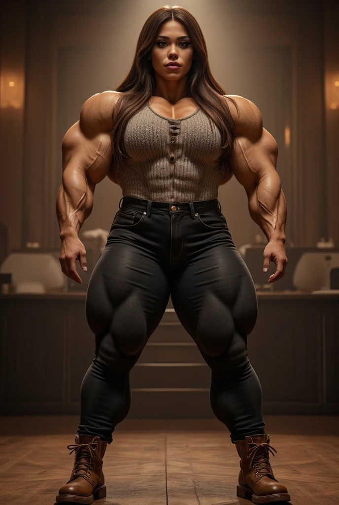 Frayed woman in a skirt and shirt posing in front of a blackboard, powerful and huge, hyperrealistic schoolgirl, exaggeratedly large physique, realistic , muscular girl, huge legs towering over you, a hyperrealist , feminine and muscular, strong and imposing, huge muscles, huge muscles, big muscles, muscular ultraviolent woman