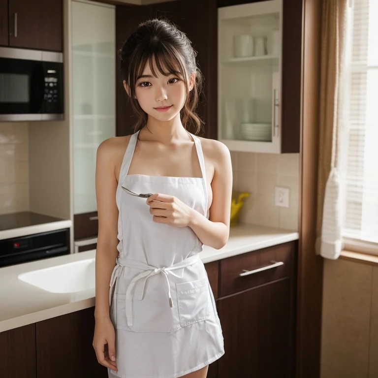 masterpiece, Highest quality, Very detailed, sexly, on the kitchen,Naked and in apron,Japanese women、Baby Face、round face、light makeup、Sweaty、(Please show me your whole body),smile、Perfect hands、Cleaning up
