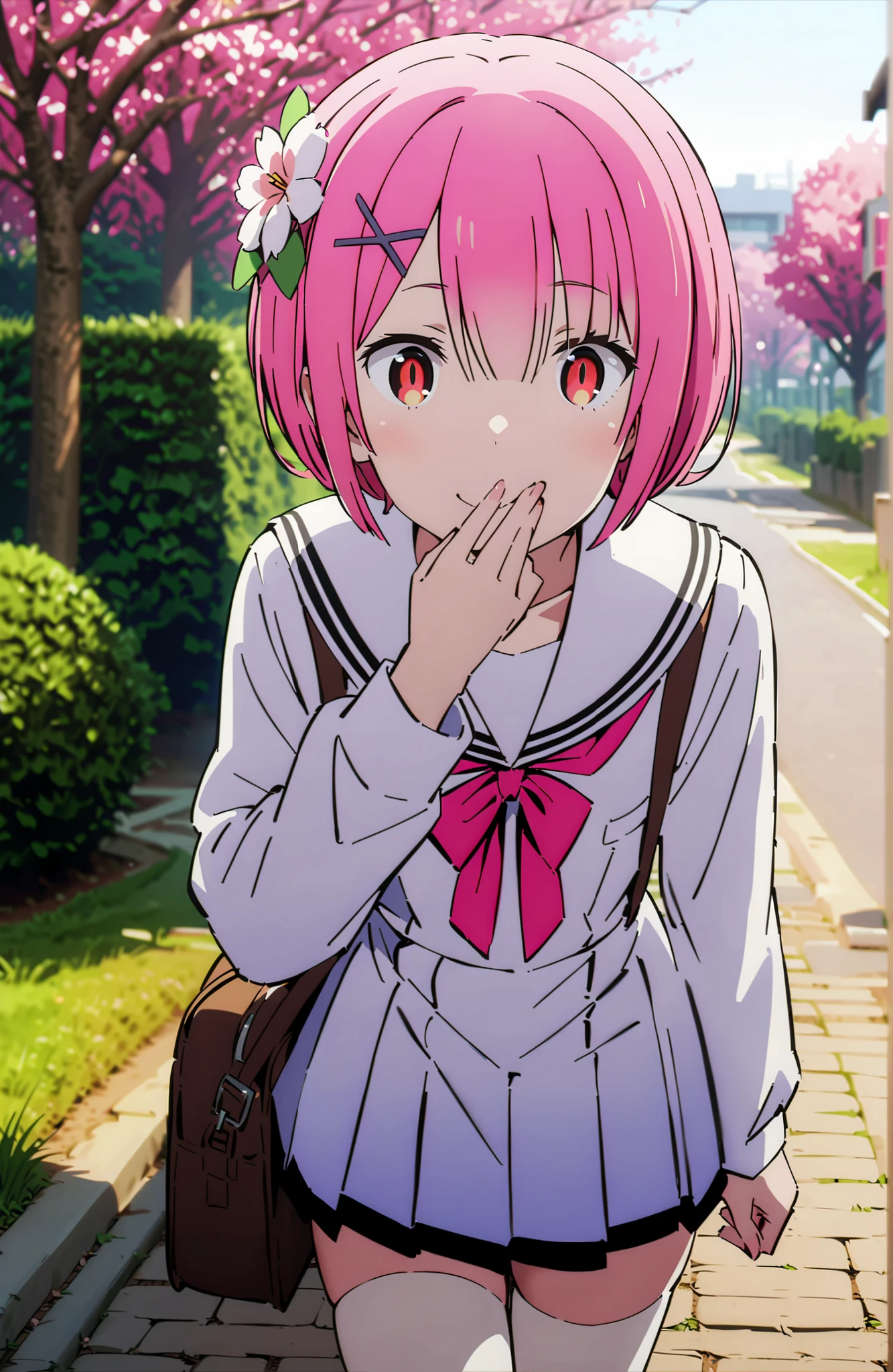 score_9, score_8_up, score_7_up, sauce_anime,Ram, hair flower, Hair Ornament, hair on one eye, pink hair, Red Eyes, short hair, x Hair Ornament,smile,blush,close your mouth,white sailor suit,long sleeve, black mini pleated skirt ,white thigh high socks,loafers,Student bag 1 :1,cherry blossoms,is walking,morning,full bodyがイラストに入るように,break looking at viewer,full body,
break outdoors, residential area,
break (masterpiece:1.2), best quality in bronze, high resolution, Unity 8Kの壁紙, ( illustration :0.8), (beautiful detailed eyes:1.6), highly detailed face, perfect lighting, highly detailed CG, (perfect hand, perfect anatomy),
