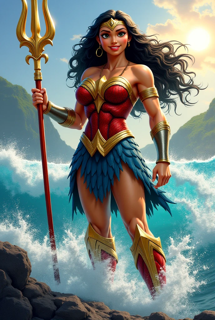 woman woman in vintage blue and red in bikini, gold aura artgerm colorful!!!, artgerm and warren louw, artgerm style, artgerm comic, Showcase the model in a dynamic, action-oriented pose that exudes energy and movement. Experiment with dramatic perspectives. the model's sensual curves and the interplay of light and shadow, creating an atmosphere of mystery and desire. Use dramatic lighting and bold brushwork to emphasize the erotic energy, vibrant colors, and the model's sensual movements on stage