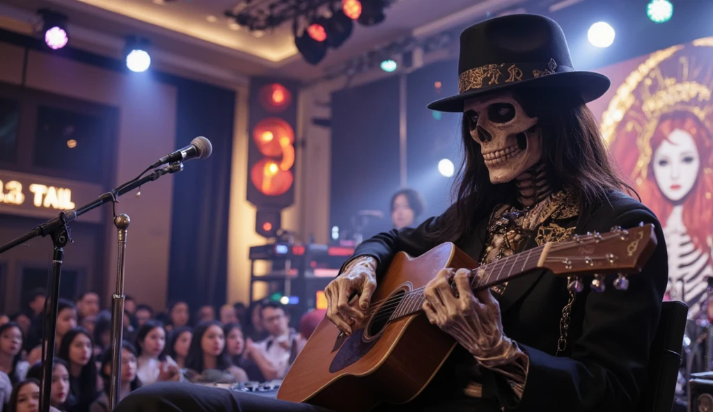 masterpiece, best quality,8k,highestres, absurdres, extremely detailed, brook, 1 boy, afro hair, solo, looking at viewer, an extremely tall skeleton dressed in formal attire complete with top hat and guitar, skeleton body,///,