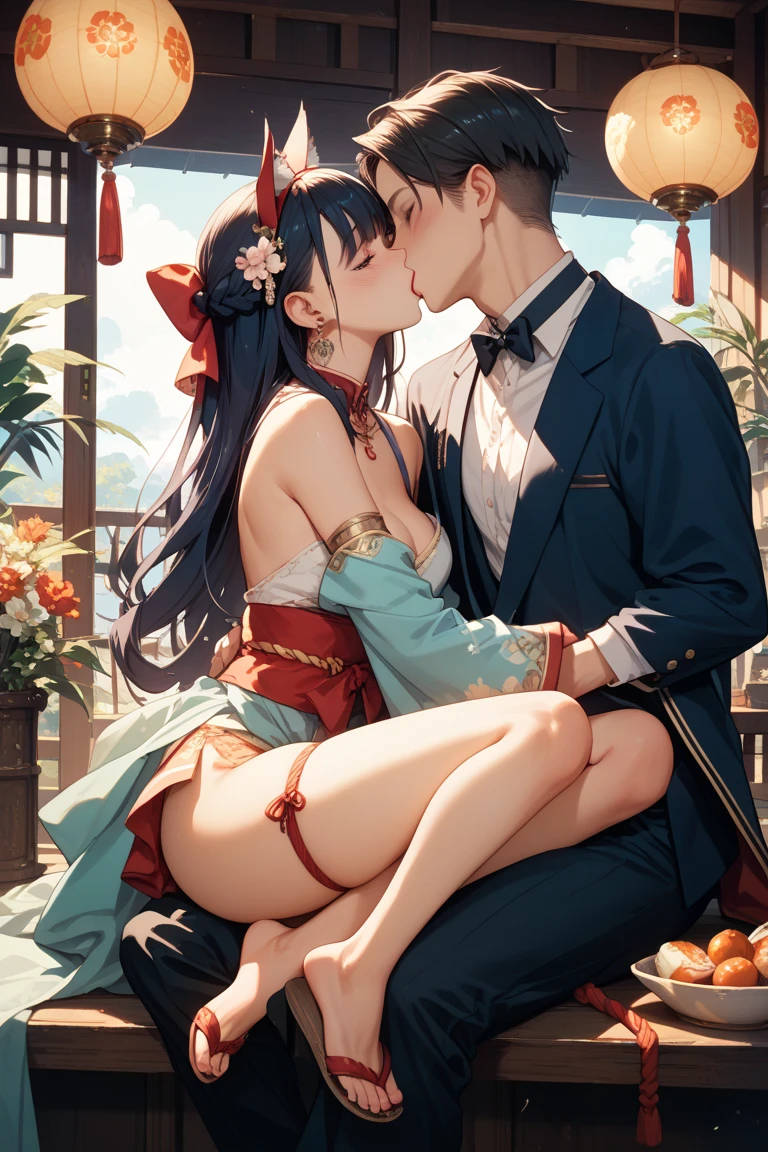 anime artwork, score_9, score_8_up, score_7_up, score_6_up, score_5_up, score_4_up, hu tao, she is 24 years old, style_3, sit,,,,,,,,,, bikini, 1boy, zhongli, he grabbing her ass, they are kissing