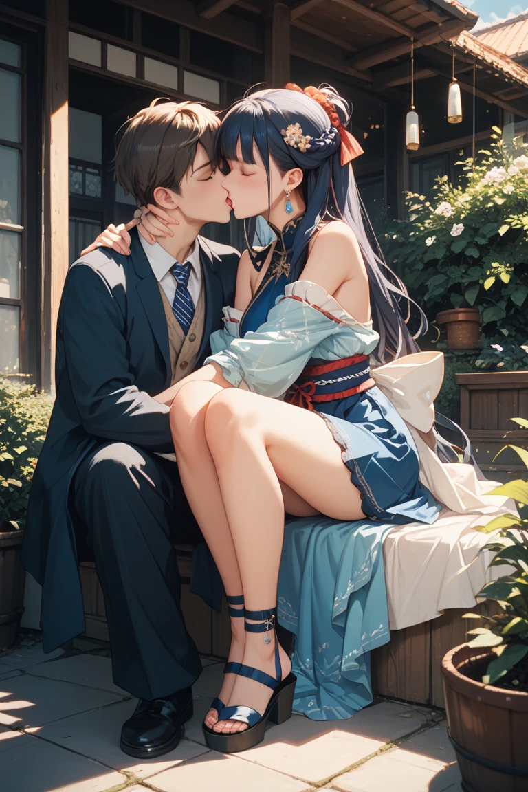 highest quality、4K quality、Man Sitting On A Chair、Woman in summer dress riding on man、Shooting from the side、The man places his hands on the woman's chest