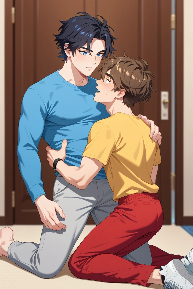 Homem lado a lado com seu jovem passado presente adulto e futuro idoso completamente nu exibido seu membro peniano em estado flacido, showing the age difference in the male body