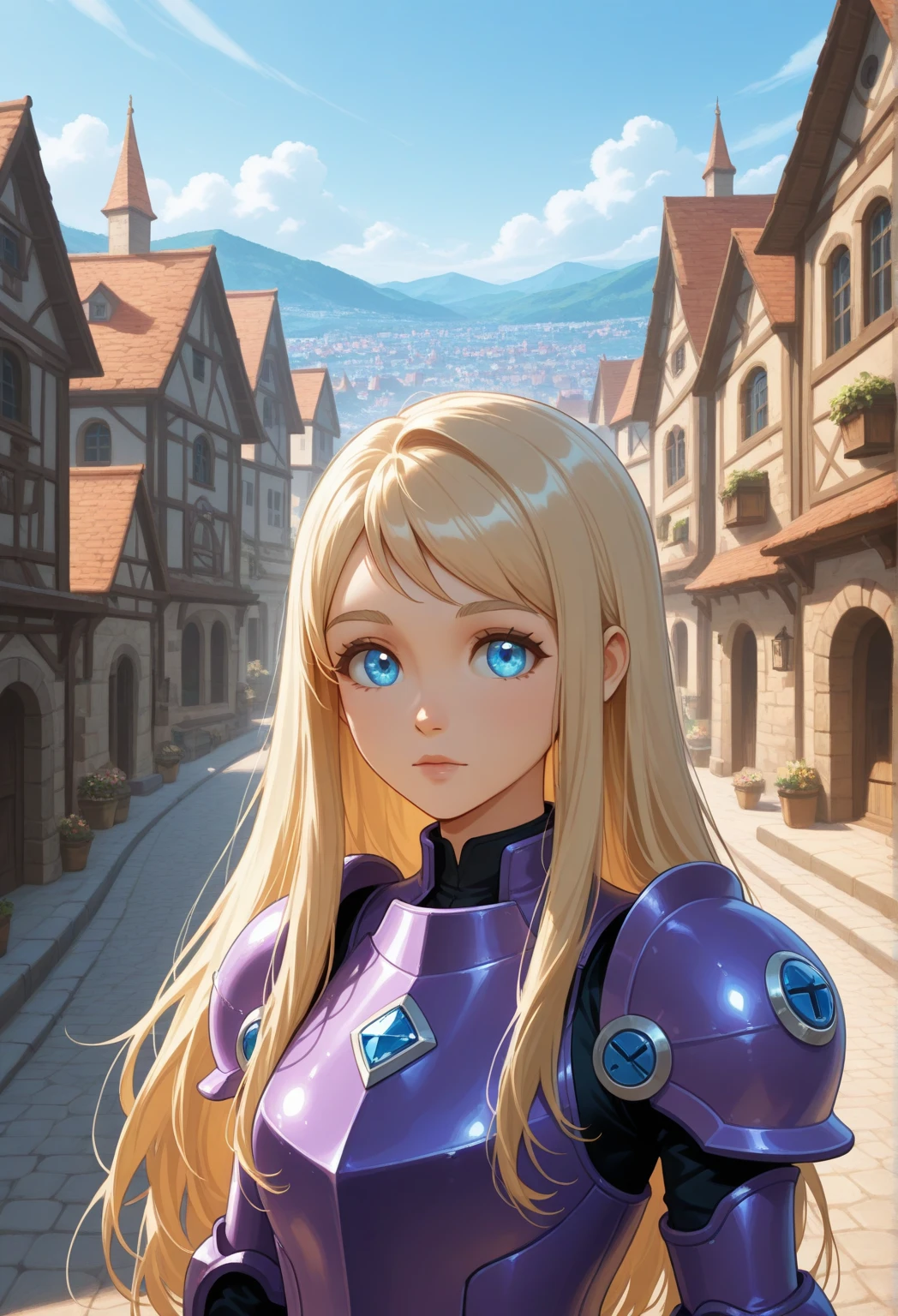 jennette mccurdy, lead blue eyes, long hair, wide purple armor, town scenery, aesthetic, solo, upper body, day.