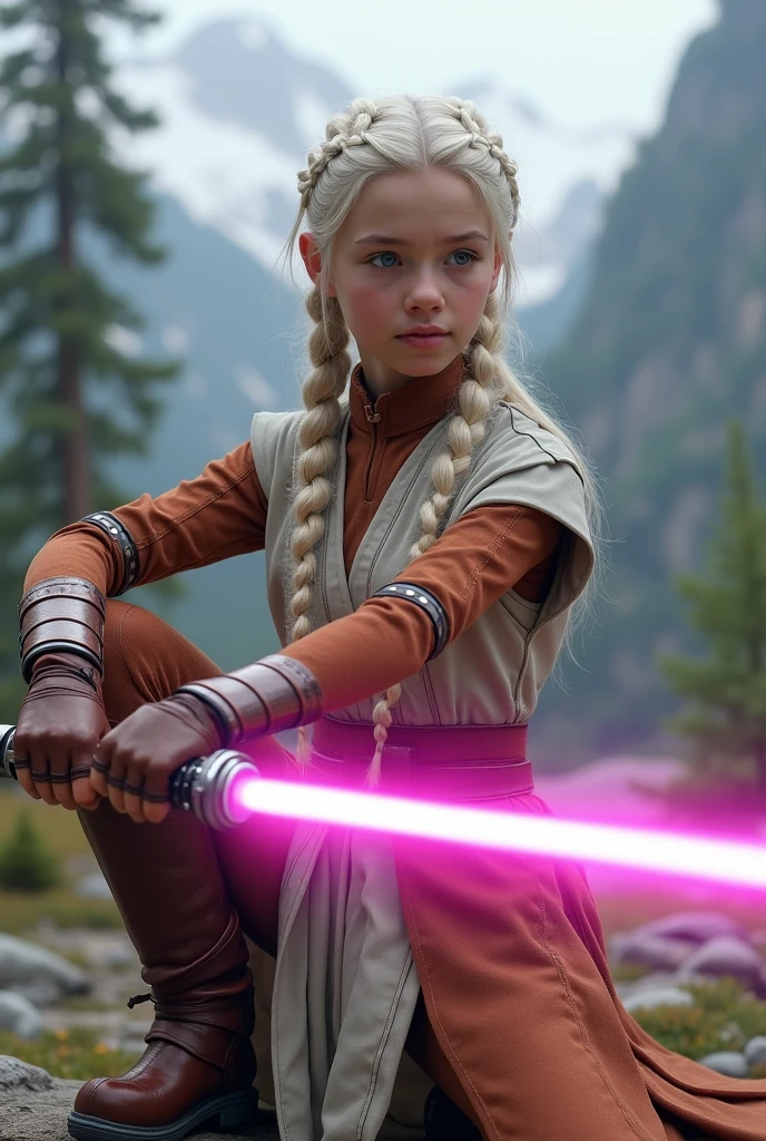 RUSSIAN CHILD GIRL WITH 10 YEARS, WITH LONG STRAIGHT BLONDE HAIR WITH BRAIDS, PORTRAIT STYLE, A closeup of a woman holding a sword in a movie STAR WARS, holding a blue lightsaber, female Jedi, holding a red lightsaber, holding a lightsaber, with lightsaber sword, holding a lightsaber, holding a lightsaber, Jedi with lightsaber, holding an activated lightsaber, with lightsaber