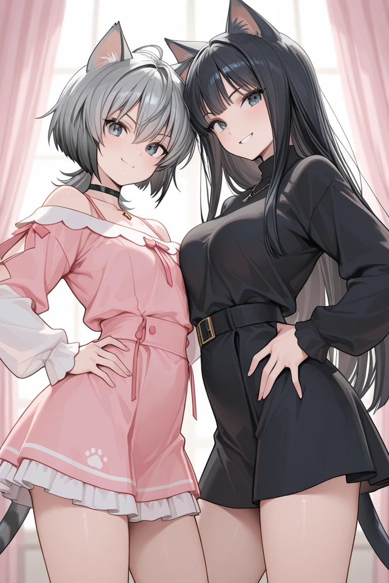 mother cat girl with your daughter in bathroom, mother with huger breats, daughter with flat bobs, mother with a penis