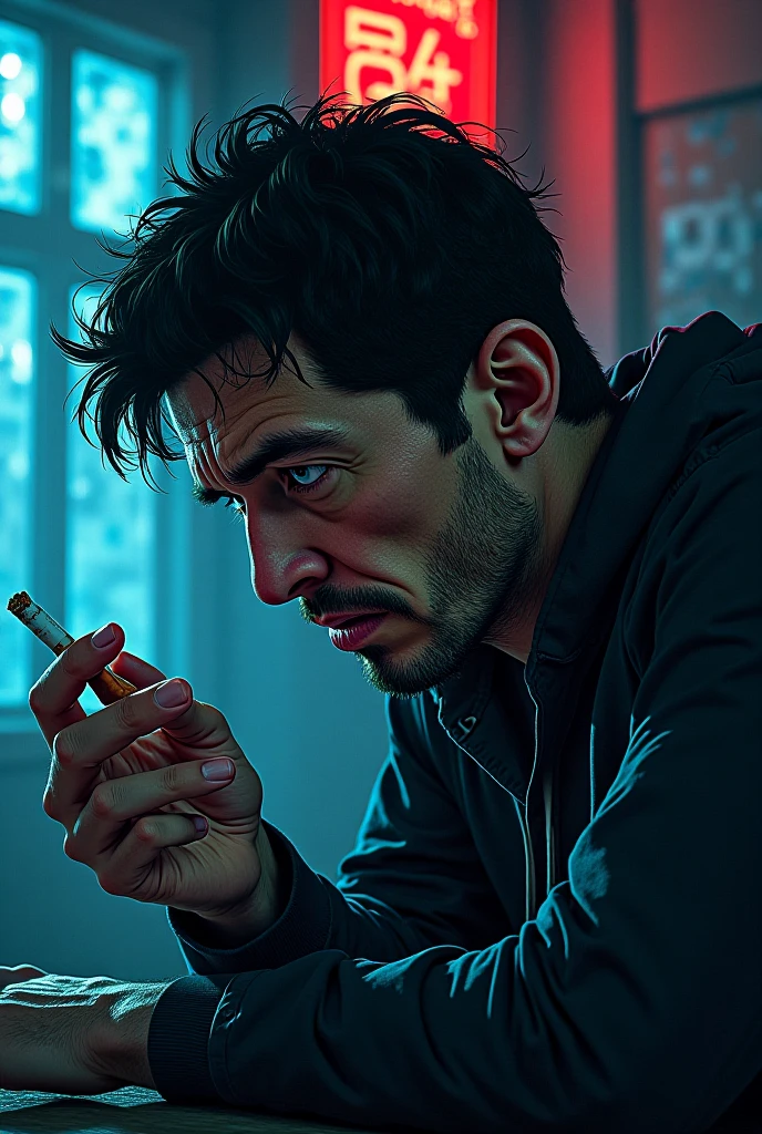 Create a 34-year-old drunk male anime character 