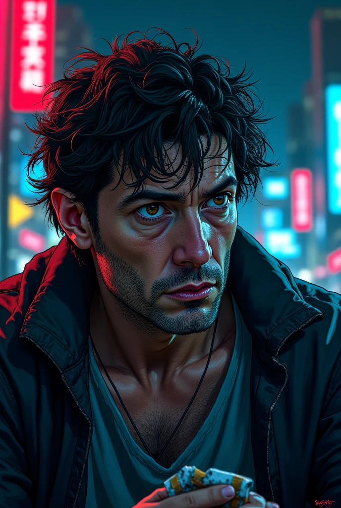 Create a 34-year-old drunk male anime character 