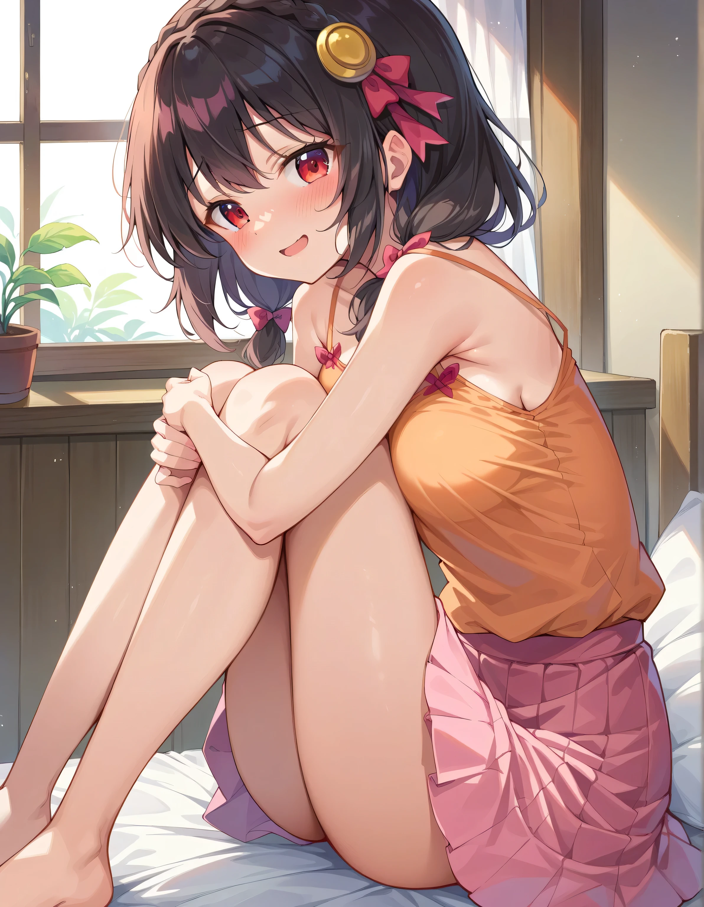 HD,High Quality、
Yunyun、 (One person)、red eyes、black hair, hair accessories, (orange camisole),pink skirt、solo、high ponytail、,blush,(shy and smile),Short hair、opens her mouth and laughs、washitsu ,japanese-style room,futon、(fetal position),Thighs are visible