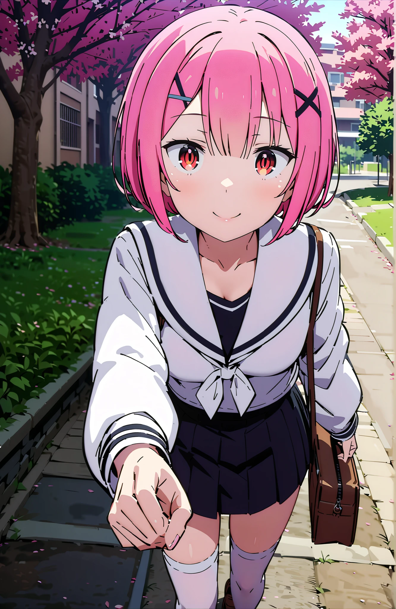score_9, score_8_up, score_7_up, sauce_anime,Ram, hair flower, Hair Ornament, hair on one eye, pink hair, Red Eyes, short hair, x Hair Ornament,smile,blush,close your mouth,white sailor suit,long sleeve, black mini pleated skirt ,white thigh high socks,loafers,Student bag 1 :1,cherry blossoms,is walking,morning,full bodyがイラストに入るように,break looking at viewer,full body,
break outdoors, residential area,
break (masterpiece:1.2), best quality in bronze, high resolution, Unity 8Kの壁紙, ( illustration :0.8), (beautiful detailed eyes:1.6), highly detailed face, perfect lighting, highly detailed CG, (perfect hand, perfect anatomy),
