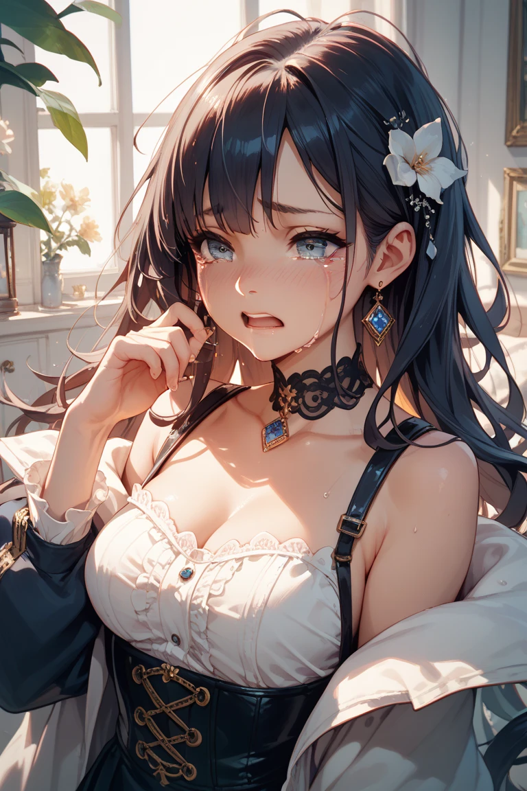 best quality, masterpiece, High target_The reservoir, 1 Girl, Hair accessories, necklace, Jewelry, Pretty Face, Physically, Tyndall effect, photo般逼真, Dark Studio, Edge lighting, Two-tone lighting, (High target detailed skin:1.2), 8K uhd, Digital SLR Camera, Soft lighting, High target quality, Volumetric Lighting, frank, photo, High target The reservoirolution, 4K, 8K, Bokeh, Medium breasts, Open your fingers,