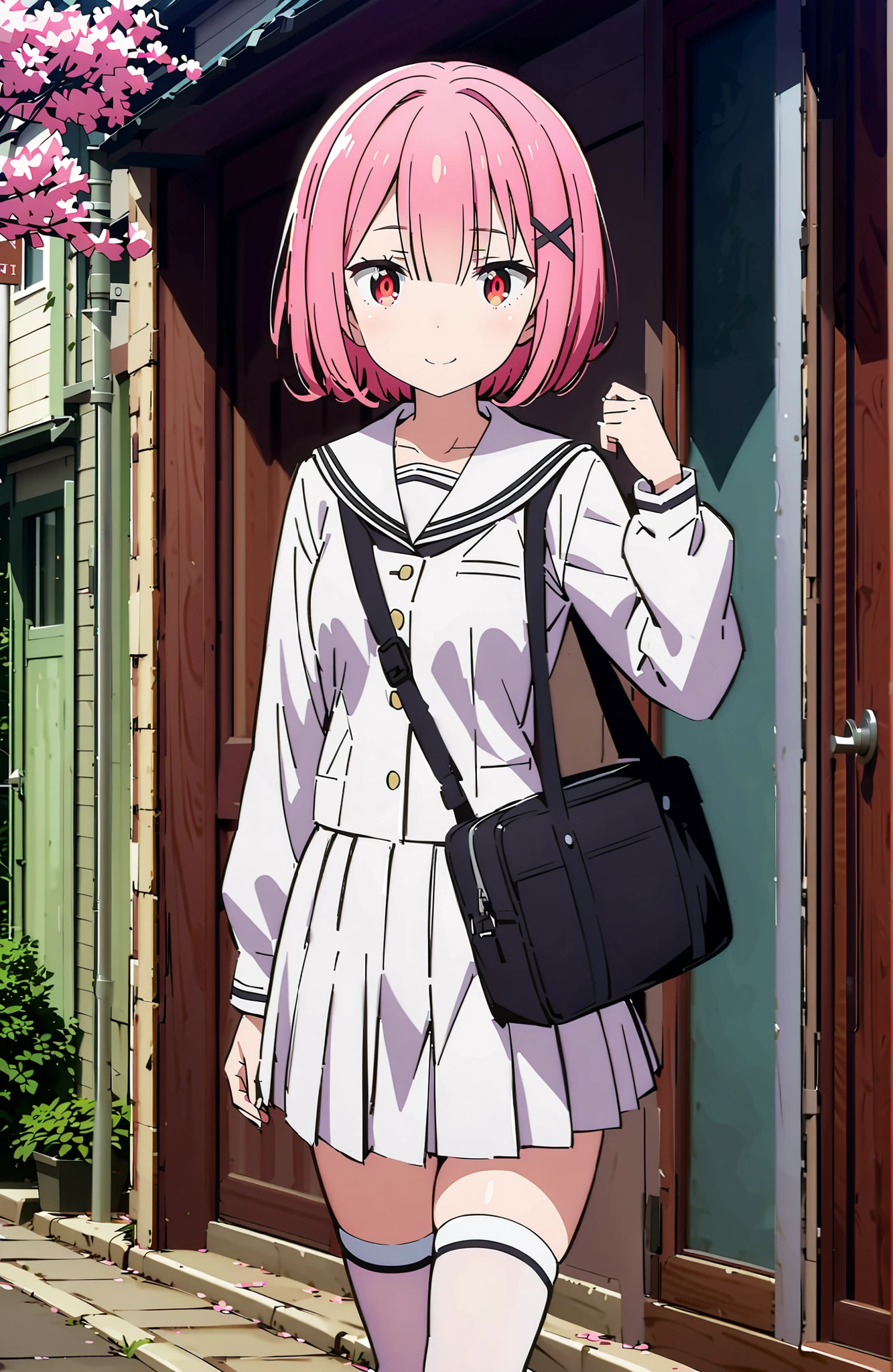 score_9, score_8_up, score_7_up, sauce_anime,Ram, hair flower, Hair Ornament, hair on one eye, pink hair, Red Eyes, short hair, x Hair Ornament,smile,blush,close your mouth,white sailor suit,long sleeve, black mini pleated skirt ,white thigh high socks,loafers,Student bag 1 :1,cherry blossoms,is walking,morning,full bodyがイラストに入るように,break looking at viewer,full body,
break outdoors, residential area,
break (masterpiece:1.2), best quality in bronze, high resolution, Unity 8Kの壁紙, ( illustration :0.8), (beautiful detailed eyes:1.6), highly detailed face, perfect lighting, highly detailed CG, (perfect hand, perfect anatomy),